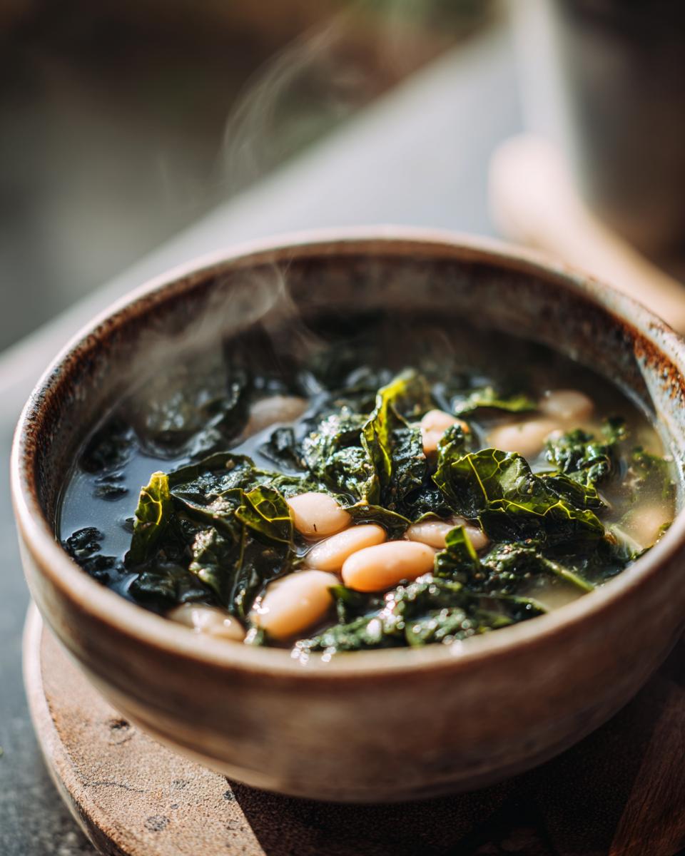 Close-up of a steaming bowl of One-Pot White Bean & Kale Soup with white beans and kale.