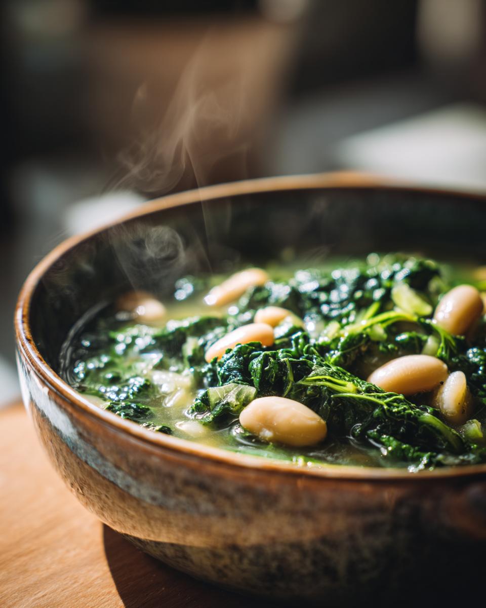 Close-up of a bowl of steaming One-Pot White Bean & Kale Soup, with beans and kale visible.