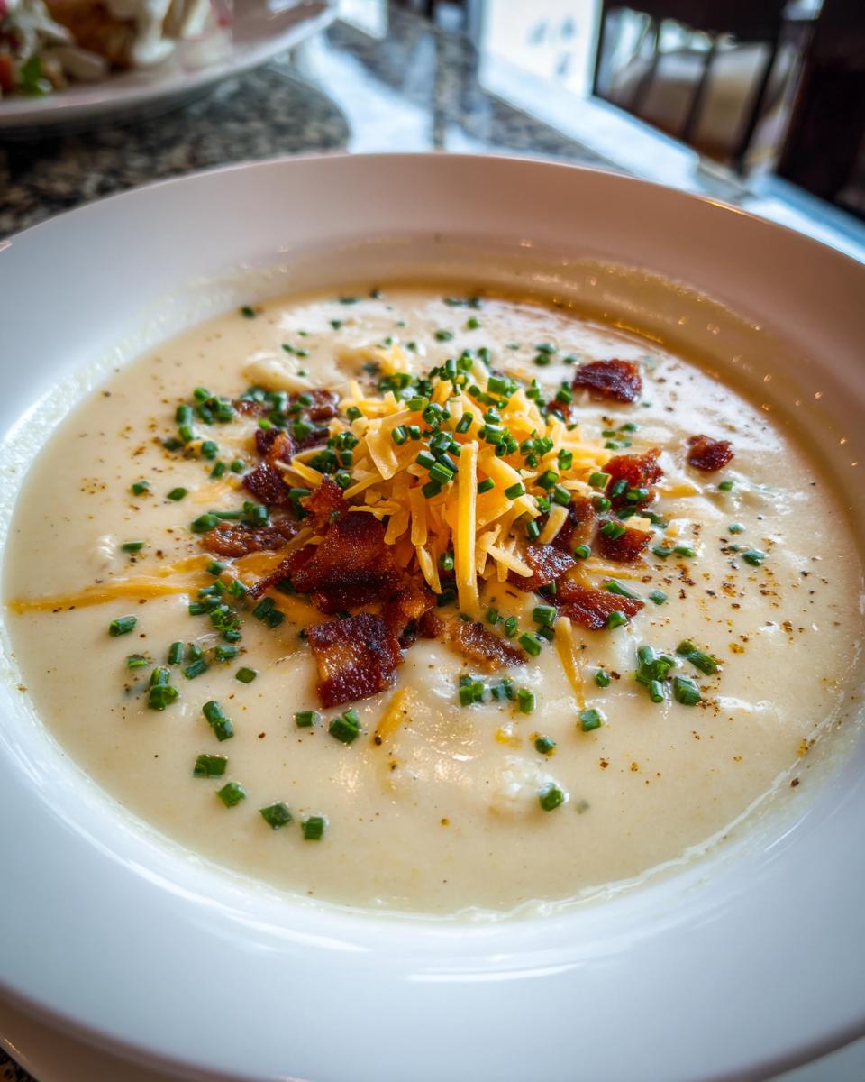 A close-up of Outback Steakhouse Potato Soup, generously topped with shredded cheddar cheese, crispy bacon bits, and fresh chives.