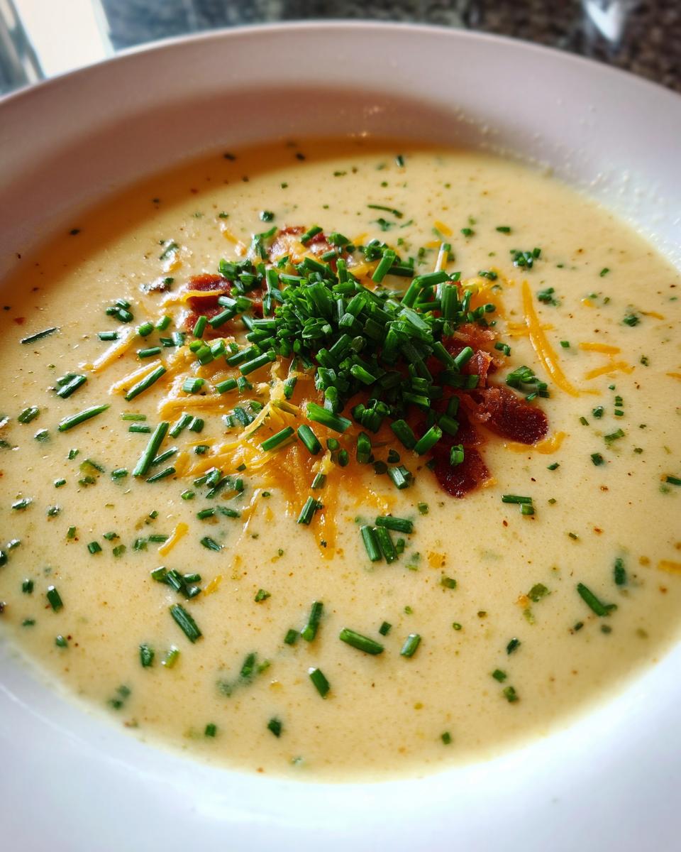 A creamy bowl of Outback Steakhouse Potato Soup, garnished with shredded cheddar cheese, crispy bacon bits, and fresh chives.