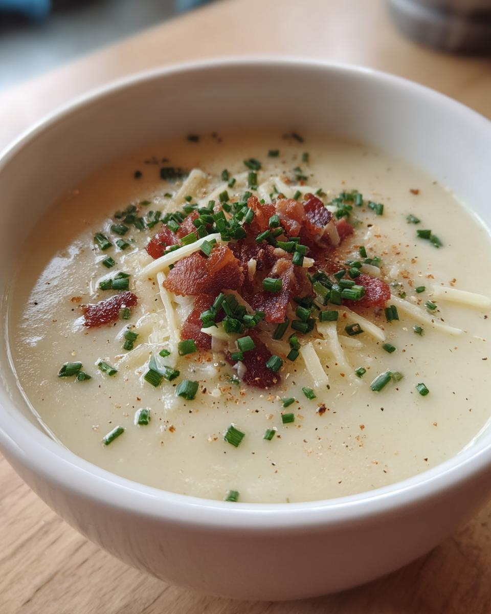A bowl of creamy Outback Steakhouse Potato Soup recipe, topped with crispy bacon bits, shredded cheese, and fresh chives.