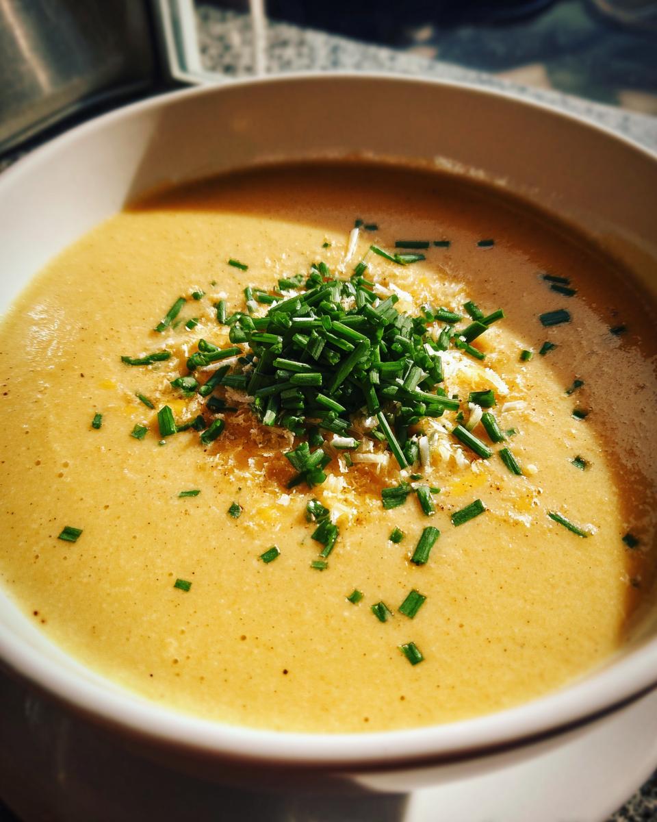 A close-up of a bowl of creamy Outback Steakhouse Potato Soup, topped with fresh chives and grated cheese.