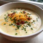 A close-up of a bowl of Outback Steakhouse Potato Soup topped with shredded cheddar cheese, bacon bits, and chives.