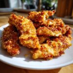 Pile of crispy Oven-Baked Cheddar Jalapeño Chicken Tenders on a white plate.