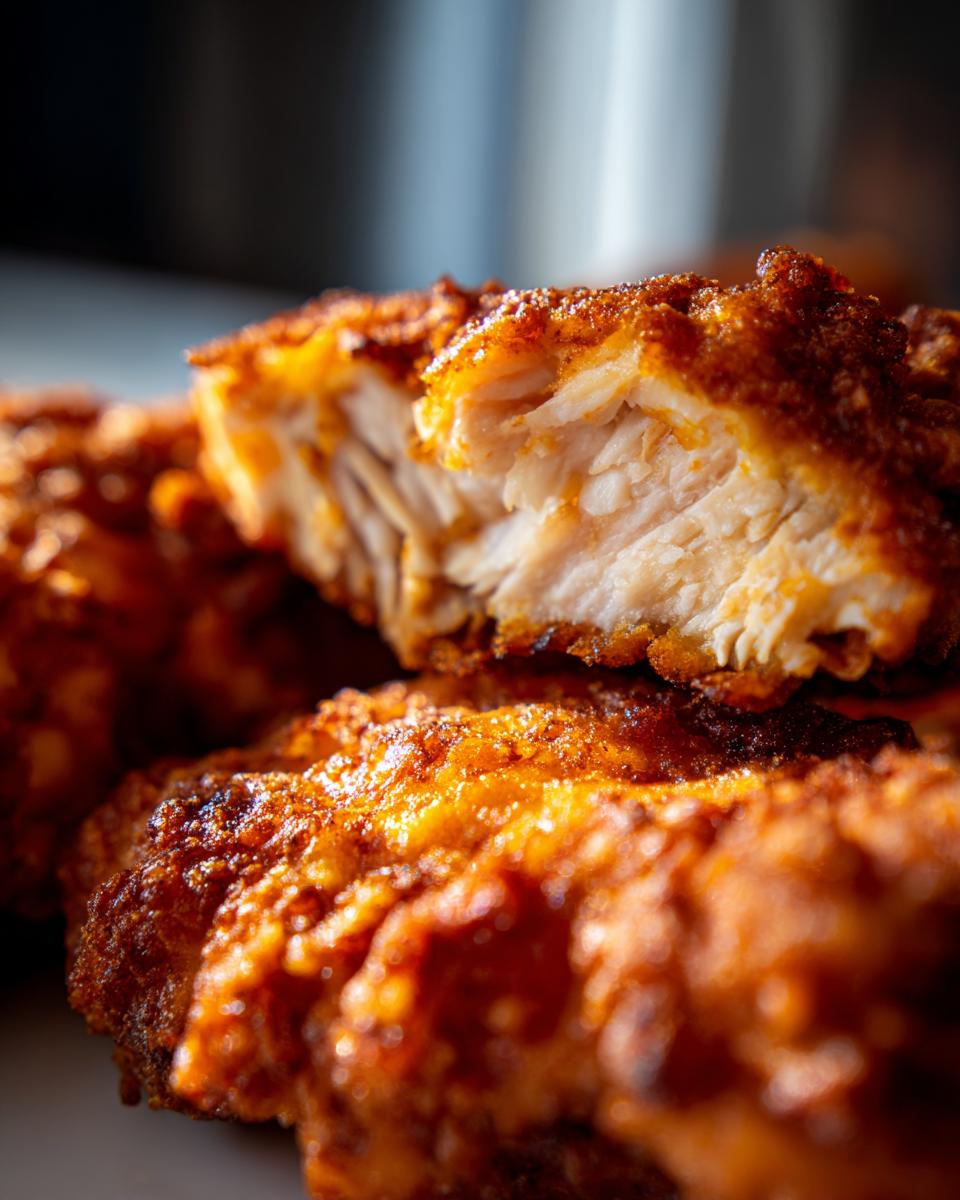 Close-up of a juicy Oven-Baked Cheddar Jalapeño Chicken Tender, showing the inside.