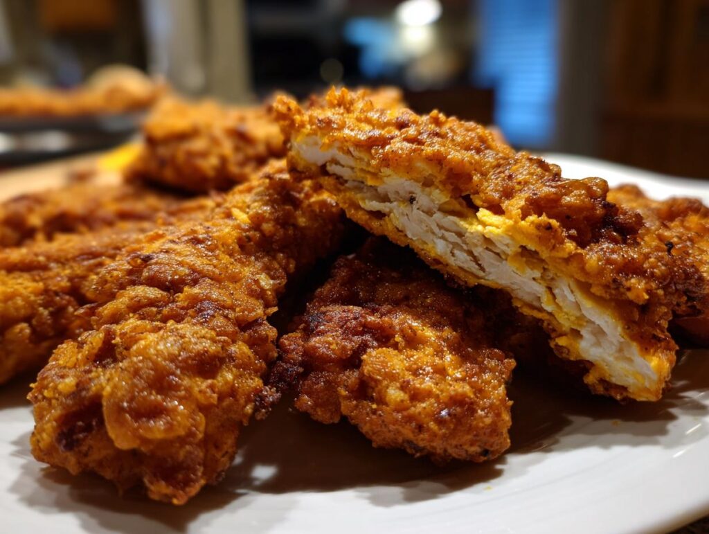 Close-up of crispy Oven-Baked Cheddar Jalapeño Chicken Tenders on a white plate, showing the juicy chicken inside.