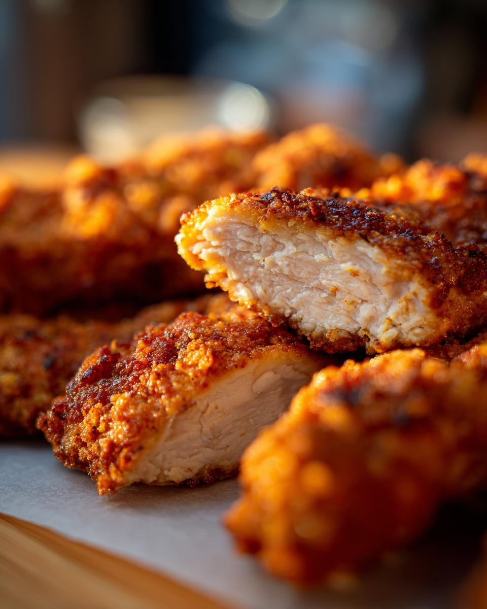 Close-up of Oven-Baked Cheddar Jalapeño Chicken Tenders showing the juicy inside and crispy breading.