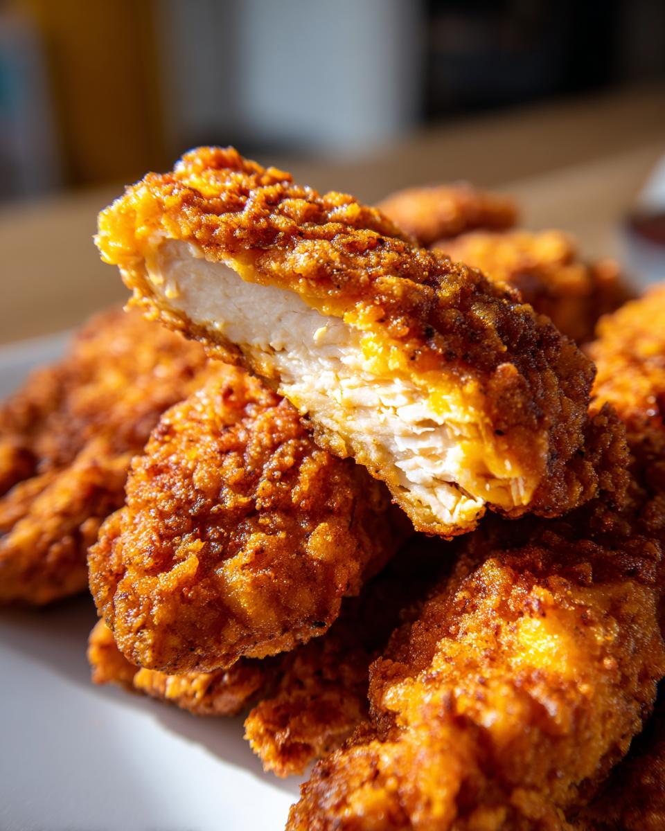 Close-up of a cut Oven-Baked Cheddar Jalapeño Chicken Tender, showing the juicy chicken inside.
