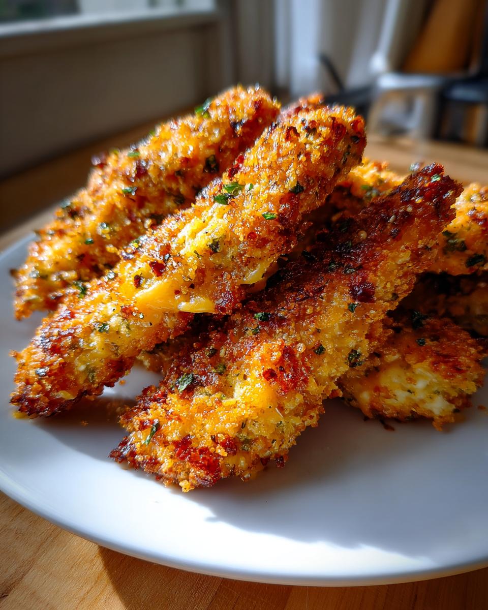Close-up of crispy Oven-Baked Cheddar Jalapeño Chicken Tenders on a white plate, showing the cheesy filling.