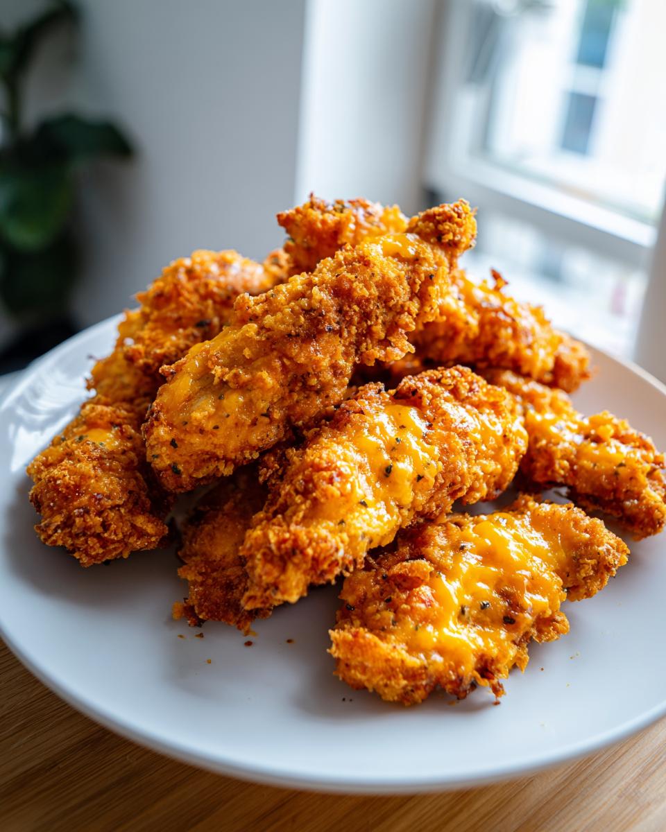 A plate piled high with golden-brown Oven-Baked Cheddar Jalapeño Chicken Tenders.