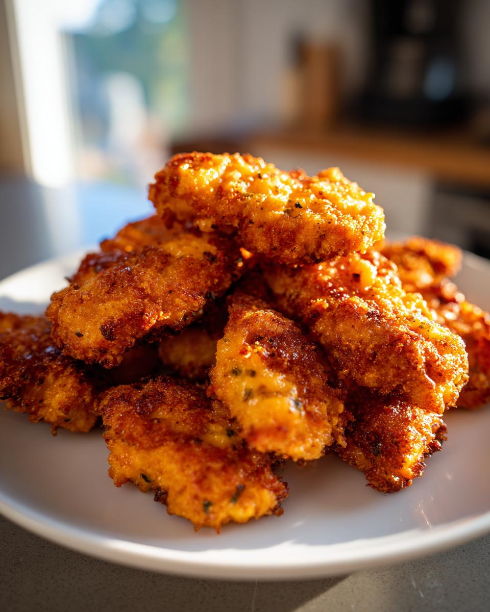 A pile of golden brown Oven-Baked Cheddar Jalapeño Chicken Tenders on a white plate.