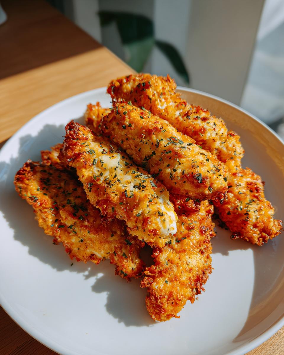 A plate of golden Oven-Baked Cheddar Jalapeño Chicken Tenders, crispy and delicious.
