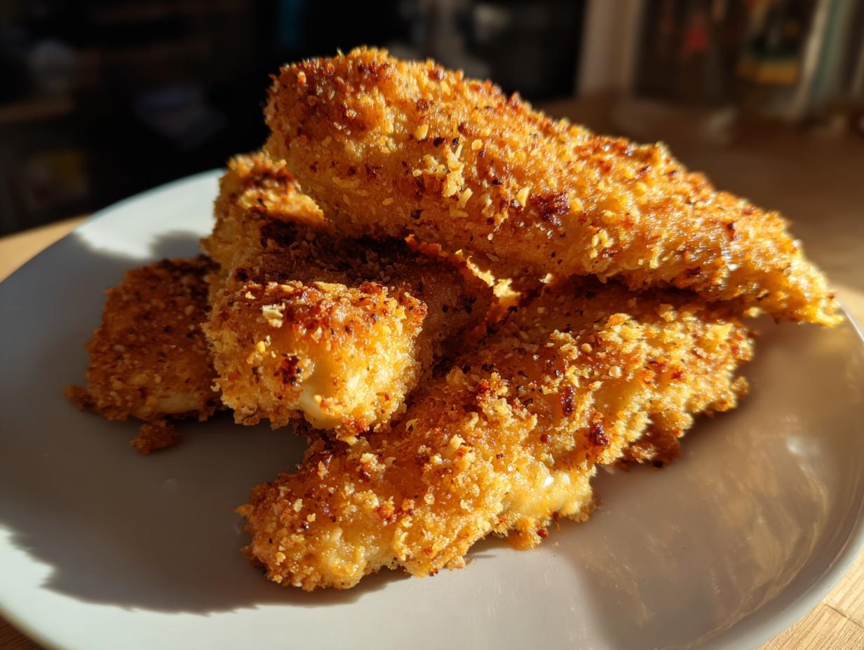 Pile of crispy Oven-Baked Cheddar Jalapeño Chicken Tenders on a white plate.