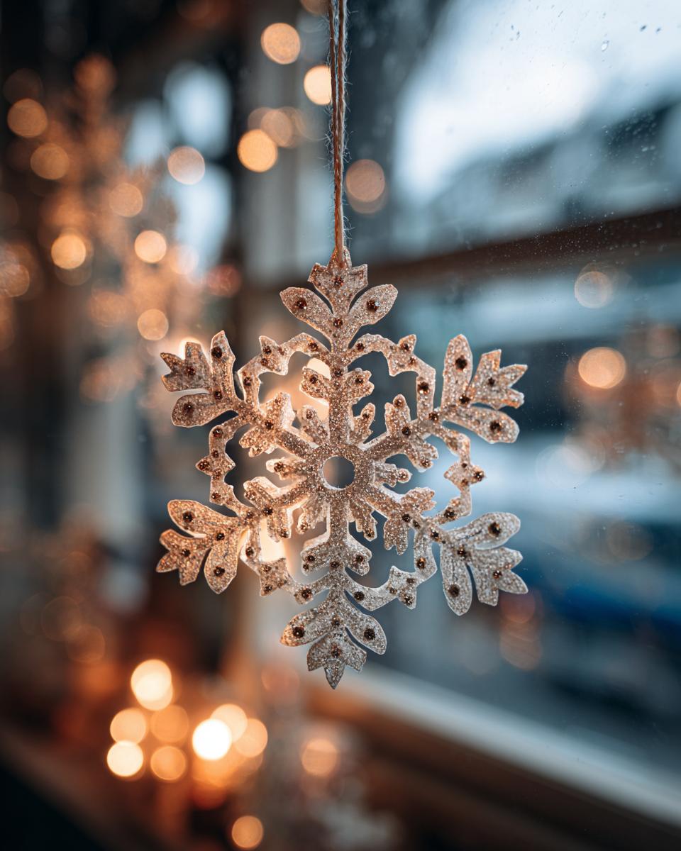 A close-up of a glittery paper snowflake hanging in a window, with bokeh lights in the background.
