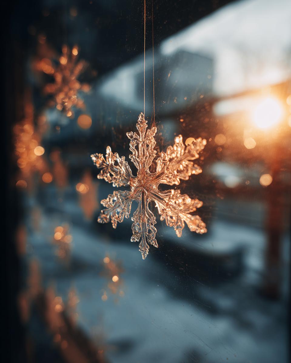 Close-up of a delicate paper snowflake window decor hanging in a window with warm light.