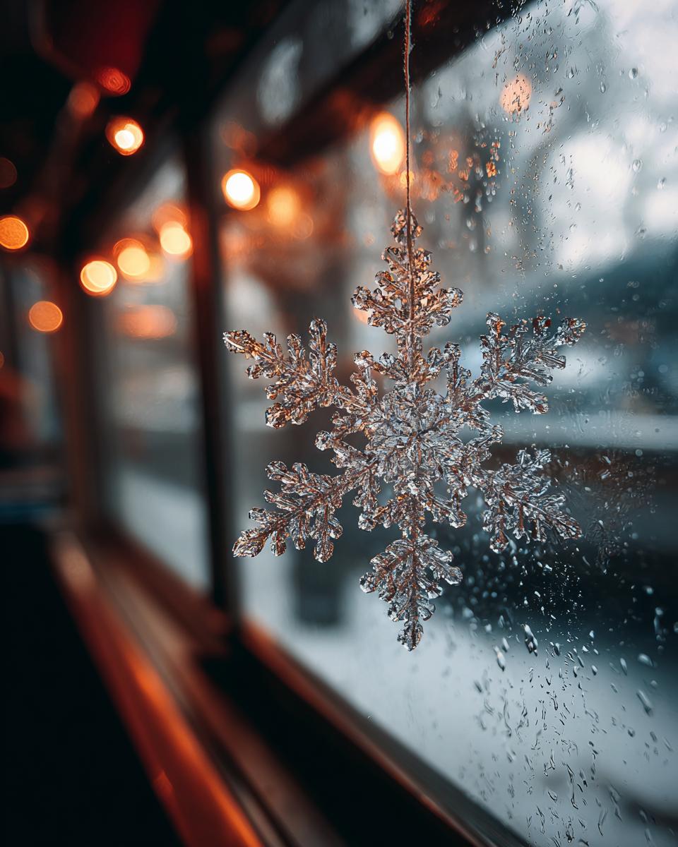 A detailed close-up of a delicate paper snowflake window decor hanging on a rainy window with bokeh lights in the background.