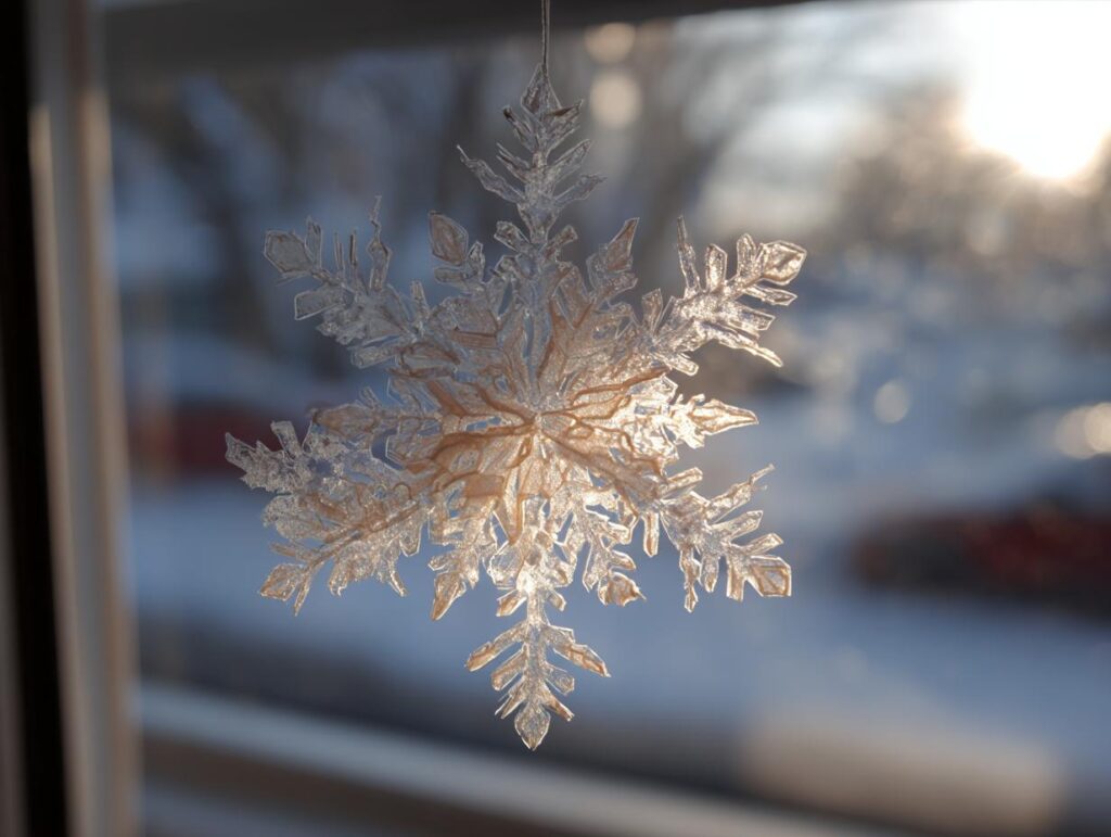 A delicate paper snowflake window decor hanging in the sunlight, casting a warm glow.