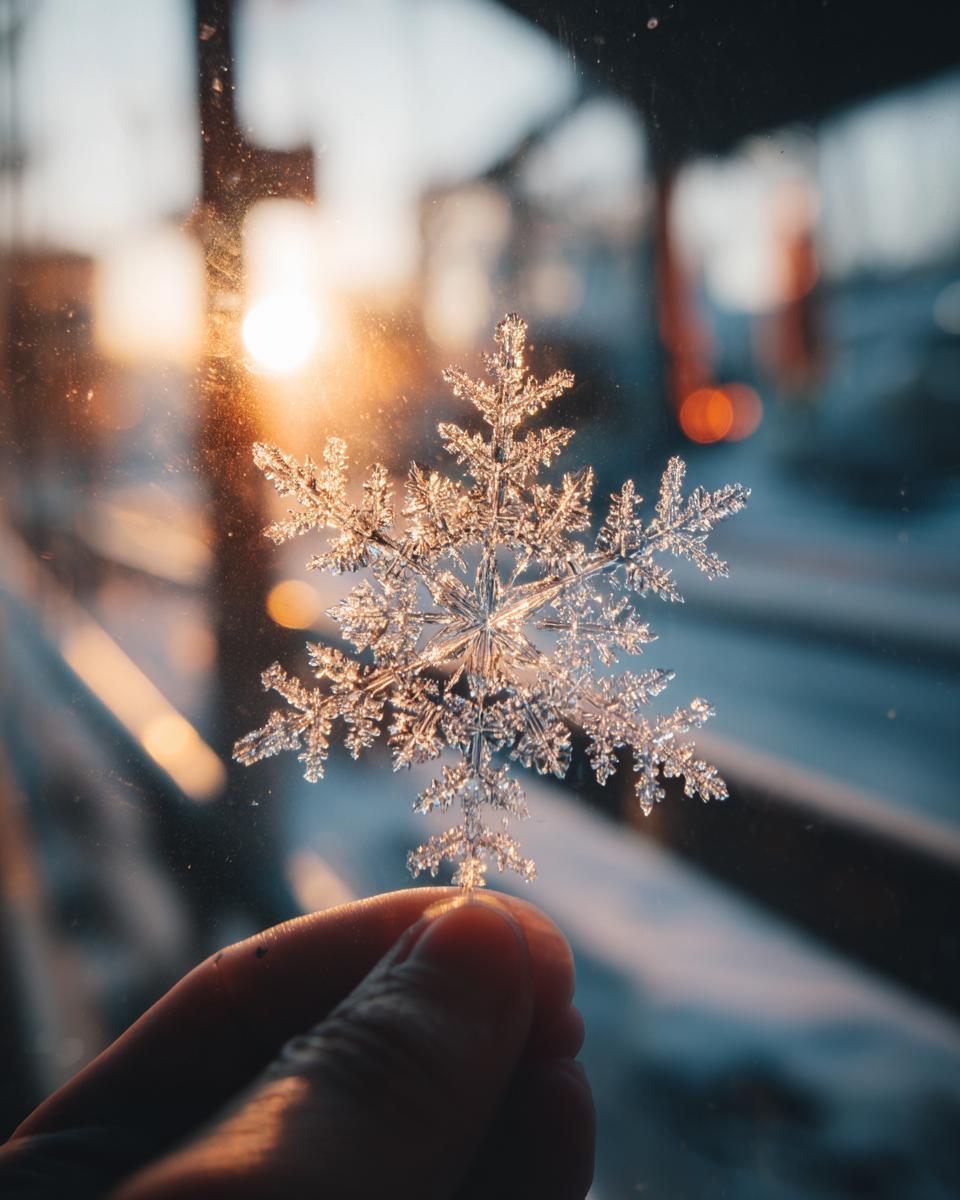 Close-up of a delicate paper snowflake window decor held by a hand, with a warm sunset shining through.