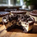 Close-up of a Peanut Butter Oreo Fudge Cup with a bite taken out, showing layers.
