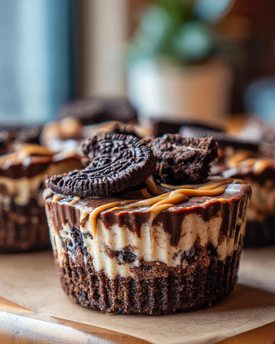 Close-up of a Peanut Butter Oreo Fudge Cup, showing layers of chocolate, peanut butter, and Oreo cookie.