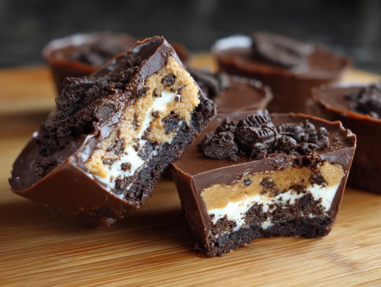 Close-up of a Peanut Butter Oreo Fudge Cup, showing layers of fudge, peanut butter, and Oreo cookie.