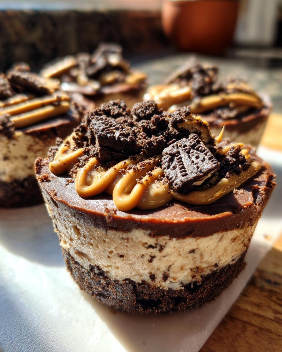 Close-up of Peanut Butter Oreo Fudge Cups, showing layers of fudge, peanut butter, and Oreo cookie crumbles.