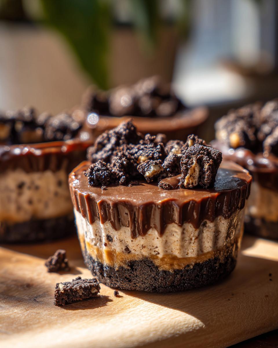 Close-up of a Peanut Butter Oreo Fudge Cup with layers of chocolate, peanut butter, and Oreo cookie crumbles.