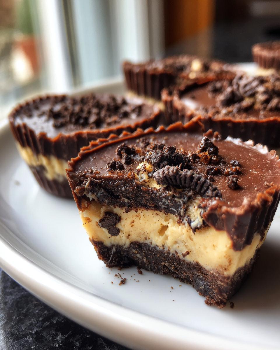 Close-up of a Peanut Butter Oreo Fudge Cup with a bite taken out, showing layers of chocolate, peanut butter, and Oreo.