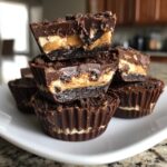 Close-up of stacked Peanut Butter Oreo Fudge Cups on a white plate, showing layers of chocolate, peanut butter, and Oreo.