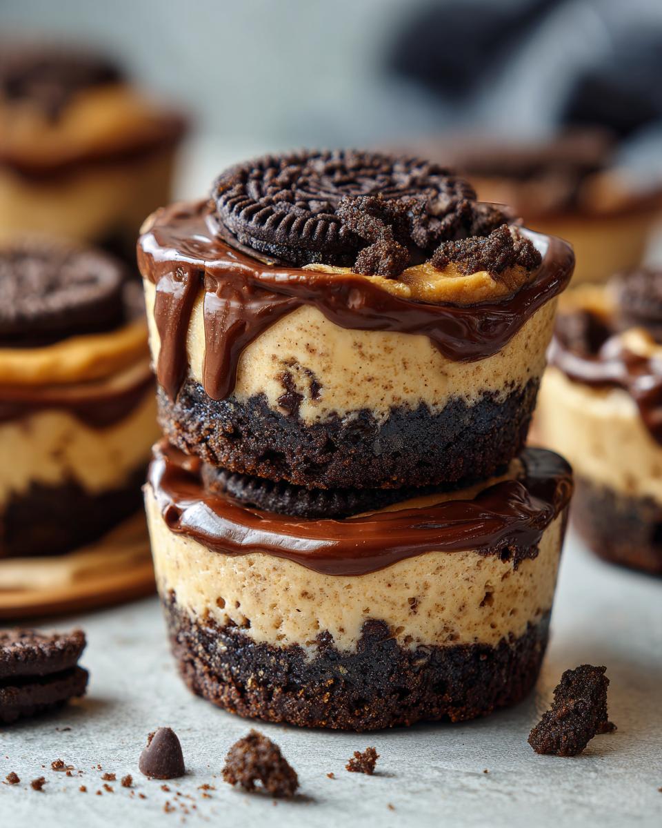 Close-up of stacked Peanut Butter Oreo Fudge Cups with chocolate drizzle and Oreo cookie.