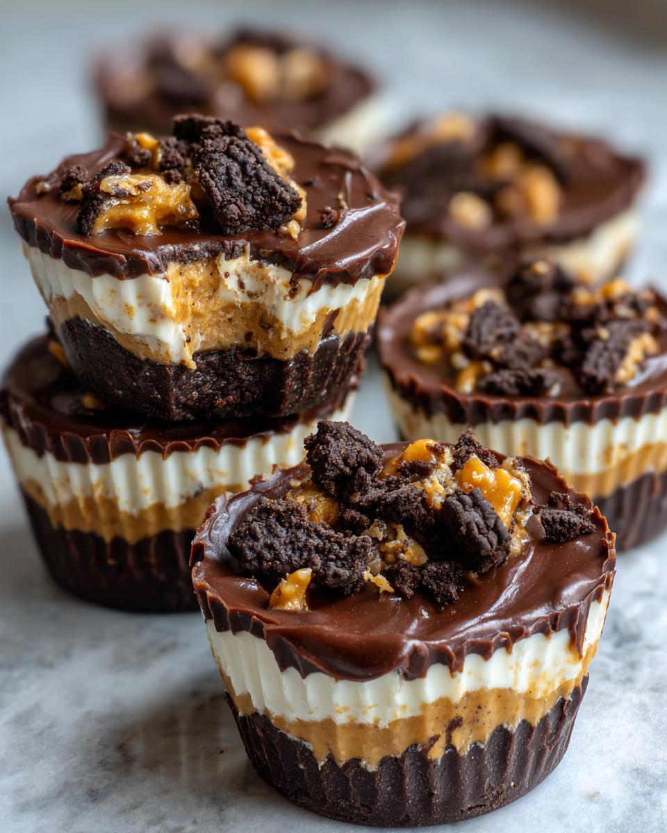 Close-up of stacked Peanut Butter Oreo Fudge Cups, showing layers of fudge, peanut butter, and Oreo.