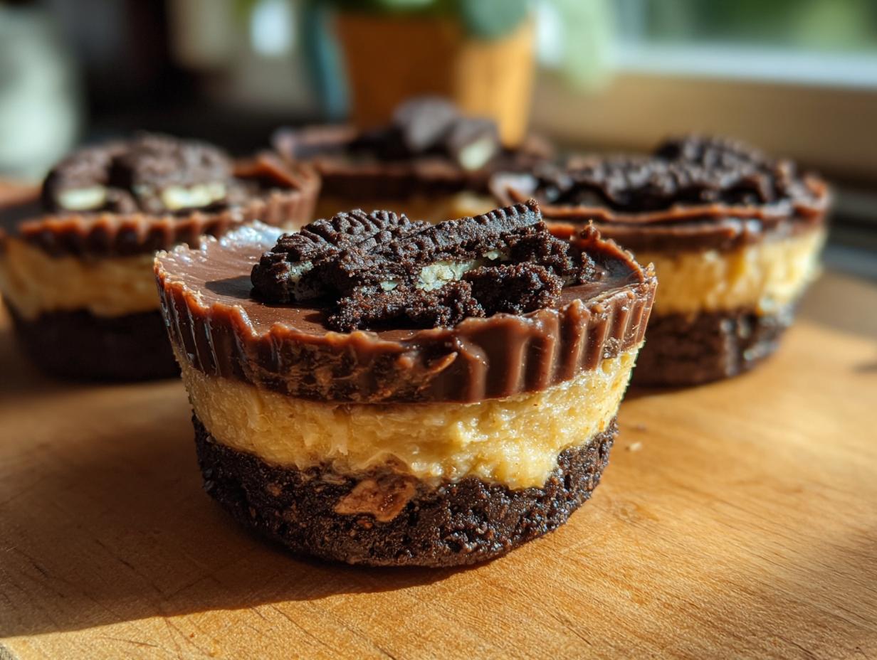 Close-up of Peanut Butter Oreo Fudge Cups, layered with chocolate, peanut butter, and Oreo cookies.