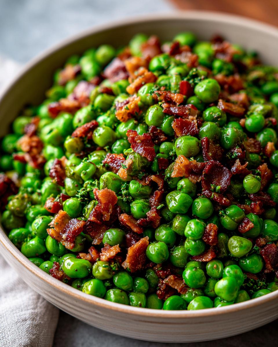 Close-up of a bowl of delicious Peas with Pancetta, a quick and easy side dish.