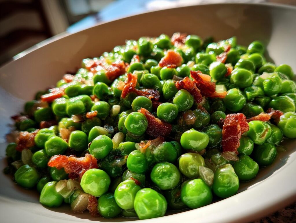 Close-up of Peas with Pancetta in a white bowl, a quick and easy recipe.