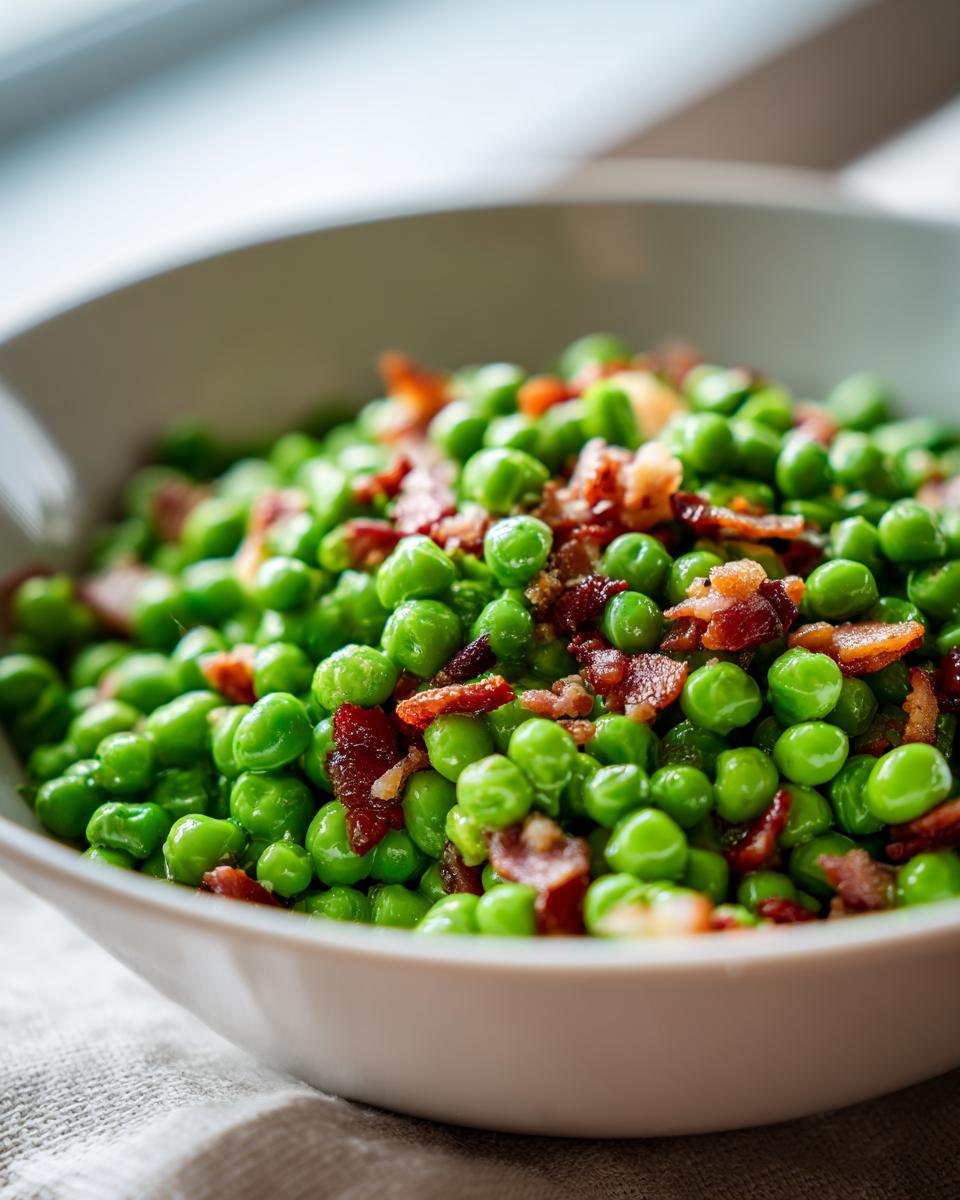 Close-up of a bowl of delicious Peas with Pancetta, a quick and easy side dish.
