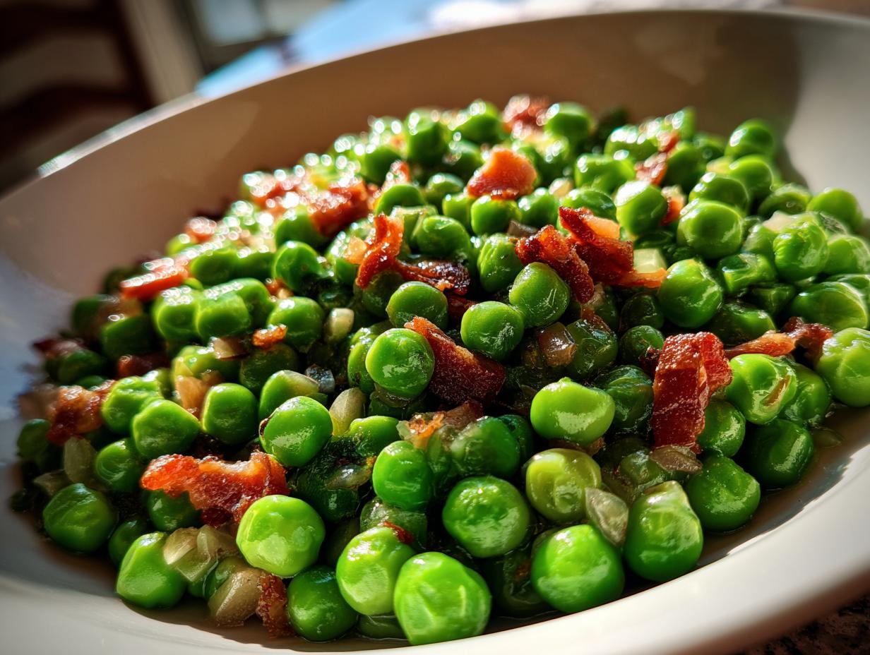 Close-up of Peas with Pancetta in a white bowl, a quick and easy recipe.