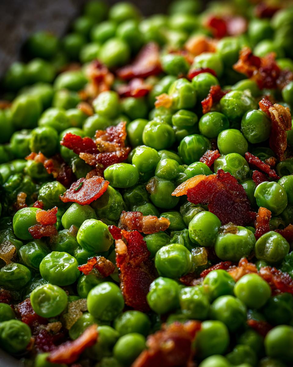 Close-up of vibrant green Peas with Pancetta, a quick and easy side dish.