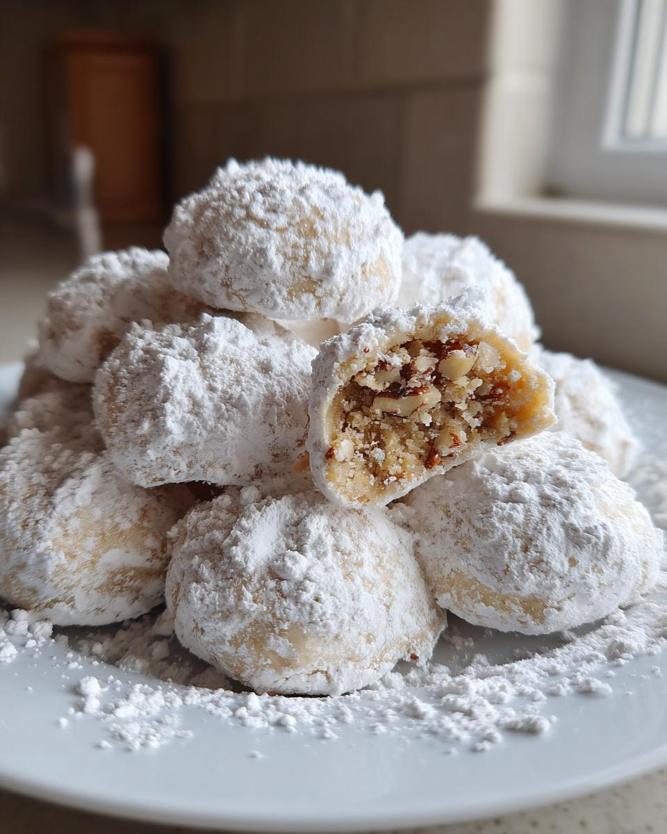 Close-up of a pile of Pecan Snowball Meltaway Cookies, dusted with powdered sugar, one cookie cut in half.