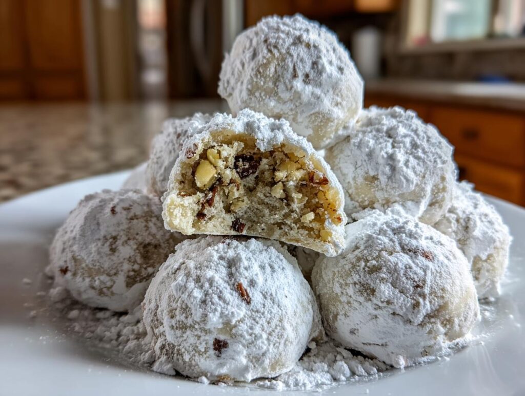 Close-up of a stack of Pecan Snowball Meltaway Cookies covered in powdered sugar, with one cut open.