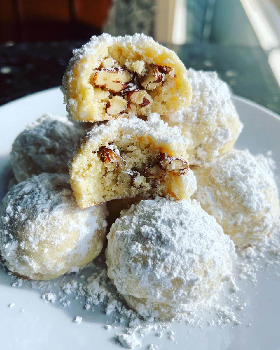 Close-up of Pecan Snowball Meltaway Cookies, showing the inside with pecans and powdered sugar.