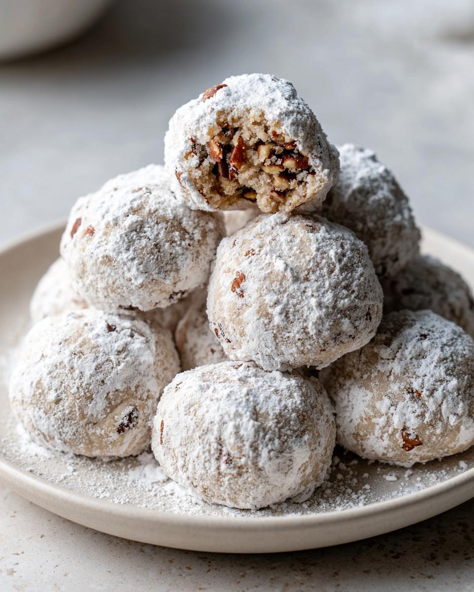 Close-up of a stack of Pecan Snowball Meltaway Cookies on a plate, dusted with powdered sugar.