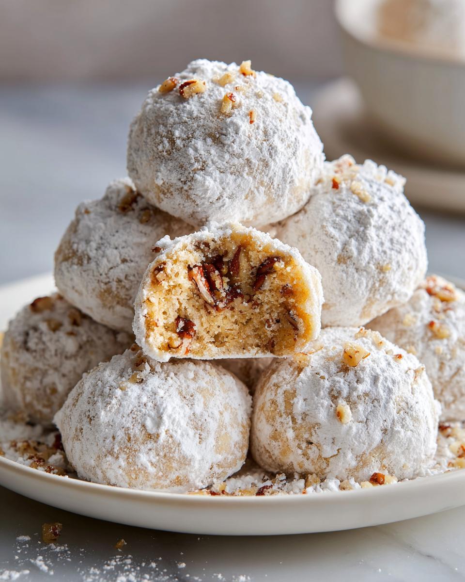 Close-up of a stack of Pecan Snowball Meltaway Cookies dusted with powdered sugar, one cut open.
