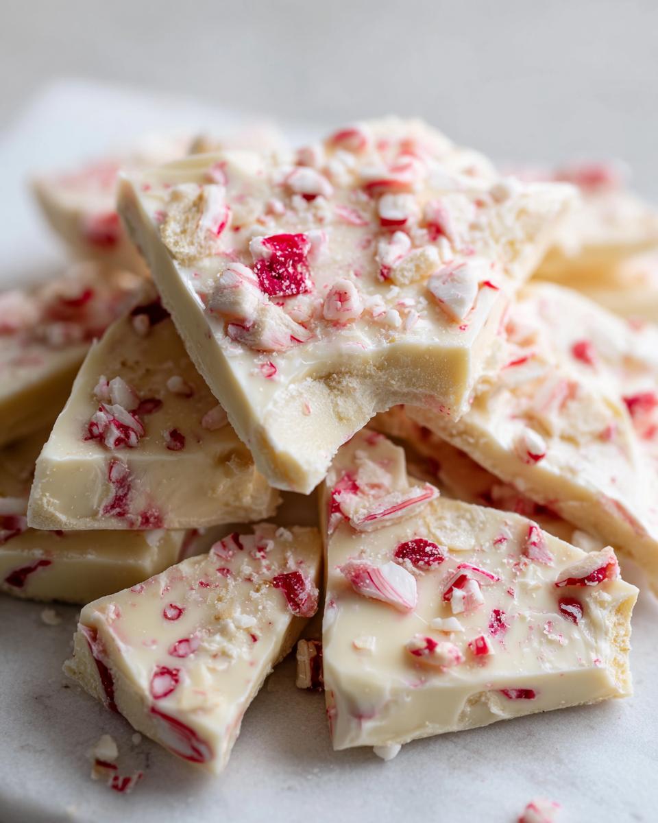 Close-up of broken pieces of white chocolate peppermint bark, sprinkled with crushed candy canes.