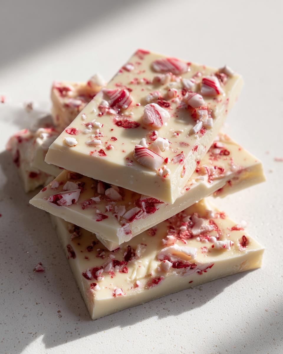 Close-up of stacked white chocolate peppermint bark pieces topped with crushed candy canes.