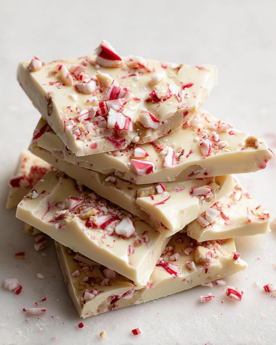 A stack of triangular slices of white chocolate peppermint bark, topped with crushed candy canes.