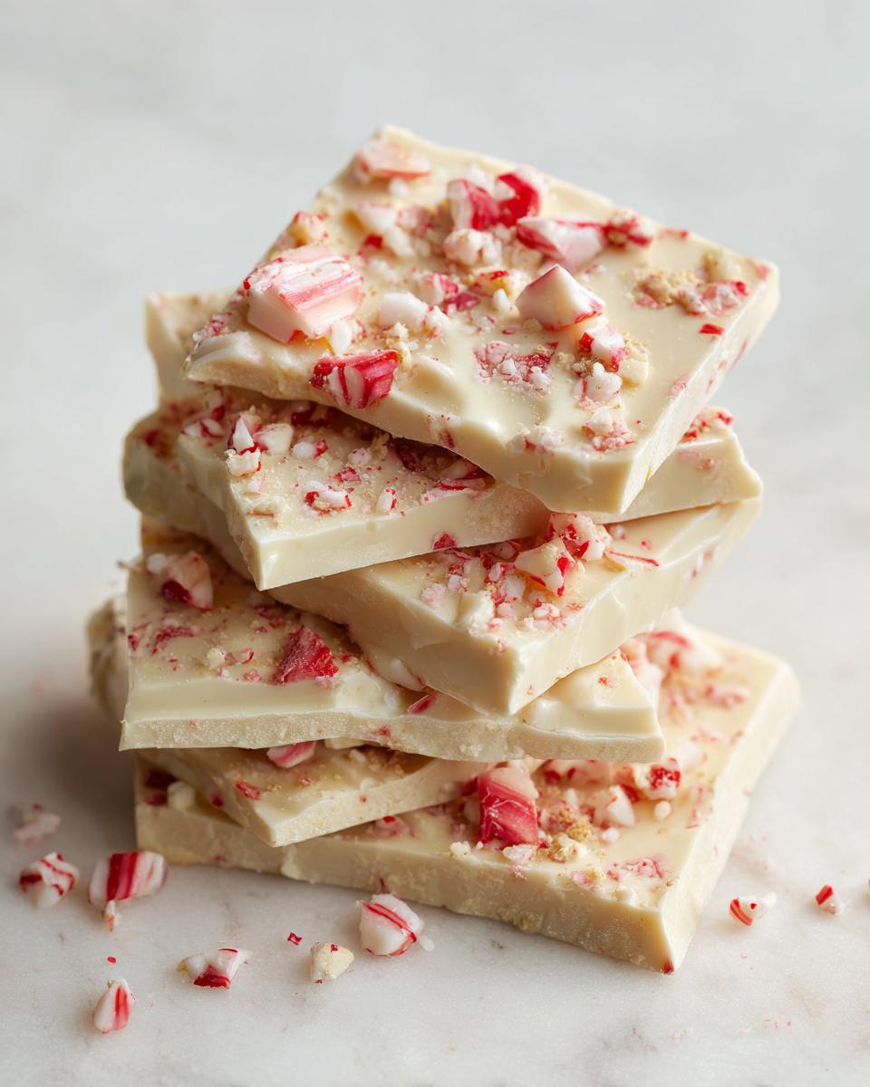A stack of white chocolate peppermint bark slices topped with crushed candy canes, showcasing a quick peppermint bark recipe.
