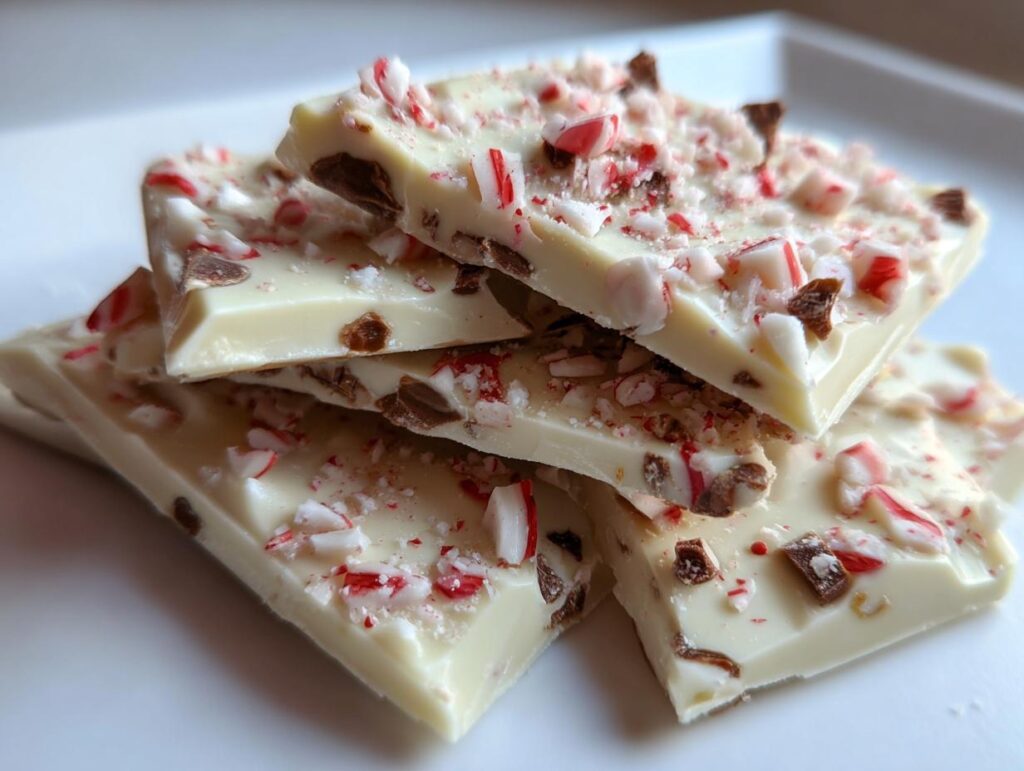 Close-up of white chocolate peppermint bark broken into pieces, topped with crushed candy canes and chocolate chips.