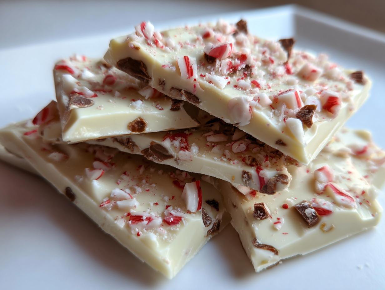 Close-up of white chocolate peppermint bark broken into pieces, topped with crushed candy canes and chocolate chips.