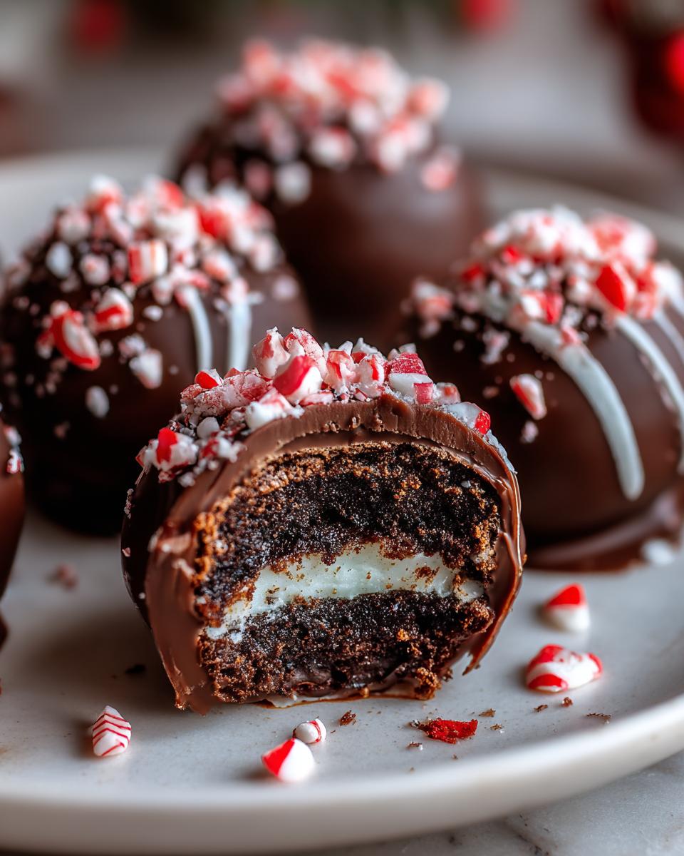 Close-up of a Peppermint Bark Stuffed Oreo Ball cut in half, showing the filling and crushed peppermint.
