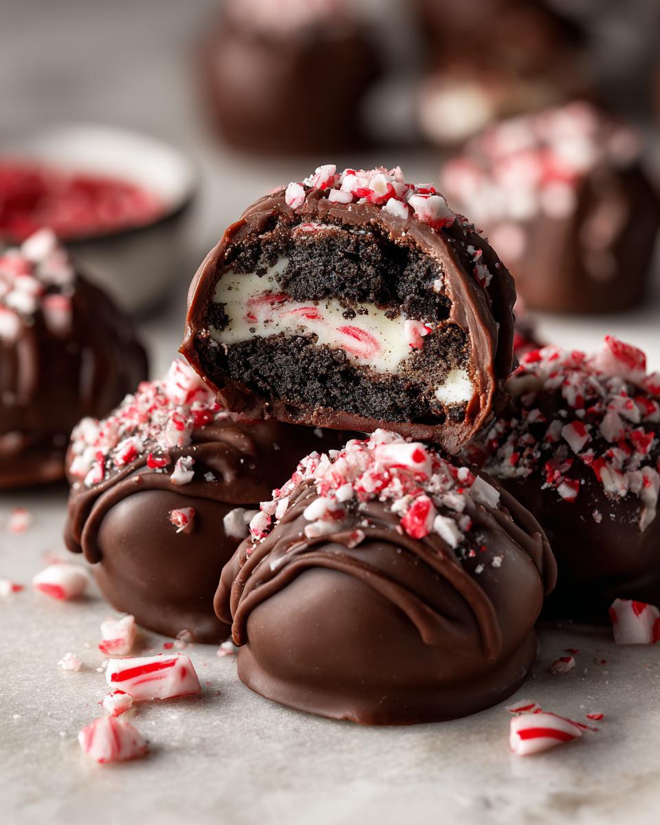 Close-up of Peppermint Bark Stuffed Oreo Balls, showing the filling and crushed peppermint.